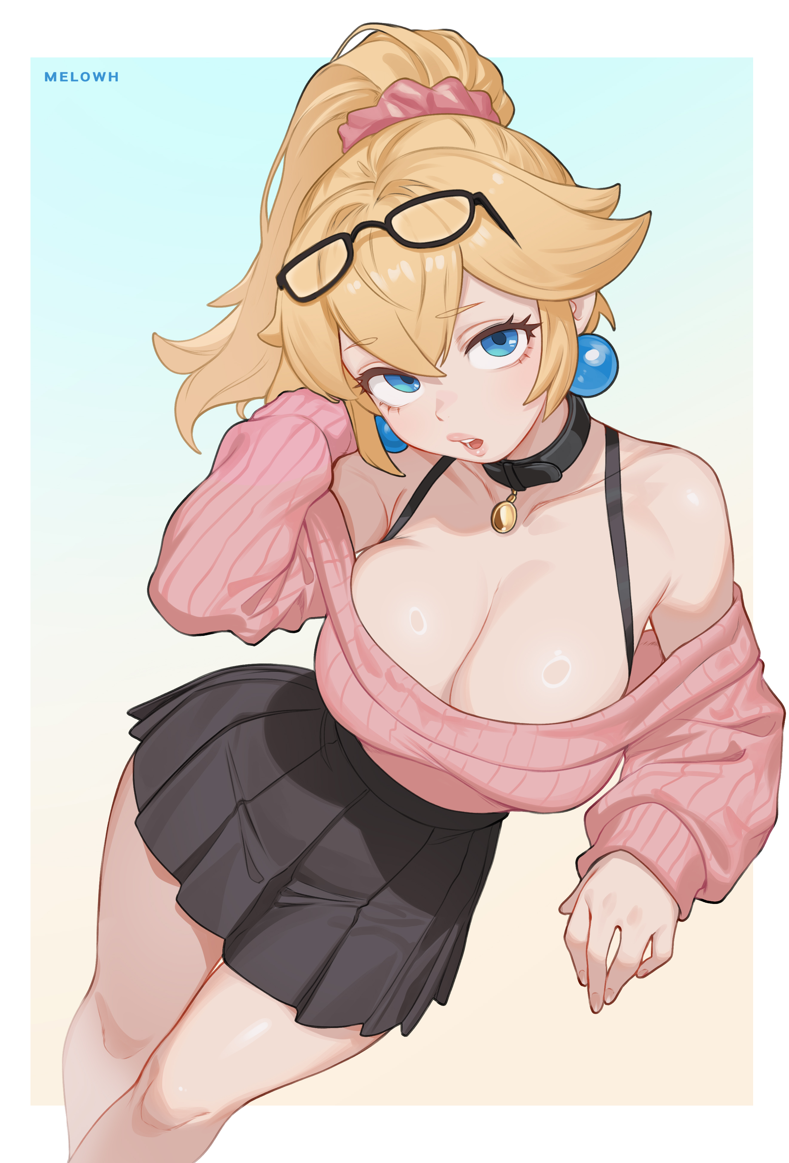 1girl, 1girls, absurdres, aran sweater, ball earrings, bare shoulders, big breasts, black choker, black skirt, black thighhighs, blonde hair, blue eyes, breasts, cable knit, choker, cleavage, eyewear on head, glasses, highres, large breasts, long hair, looking at viewer, mario (series), melowh, miniskirt, nintendo, off shoulder, off-shoulder sweater, open mouth, pink sweater, pleated skirt, ponytail, princess peach, skirt, solo, sphere earrings, sweater, sweater tucked in, thighhighs