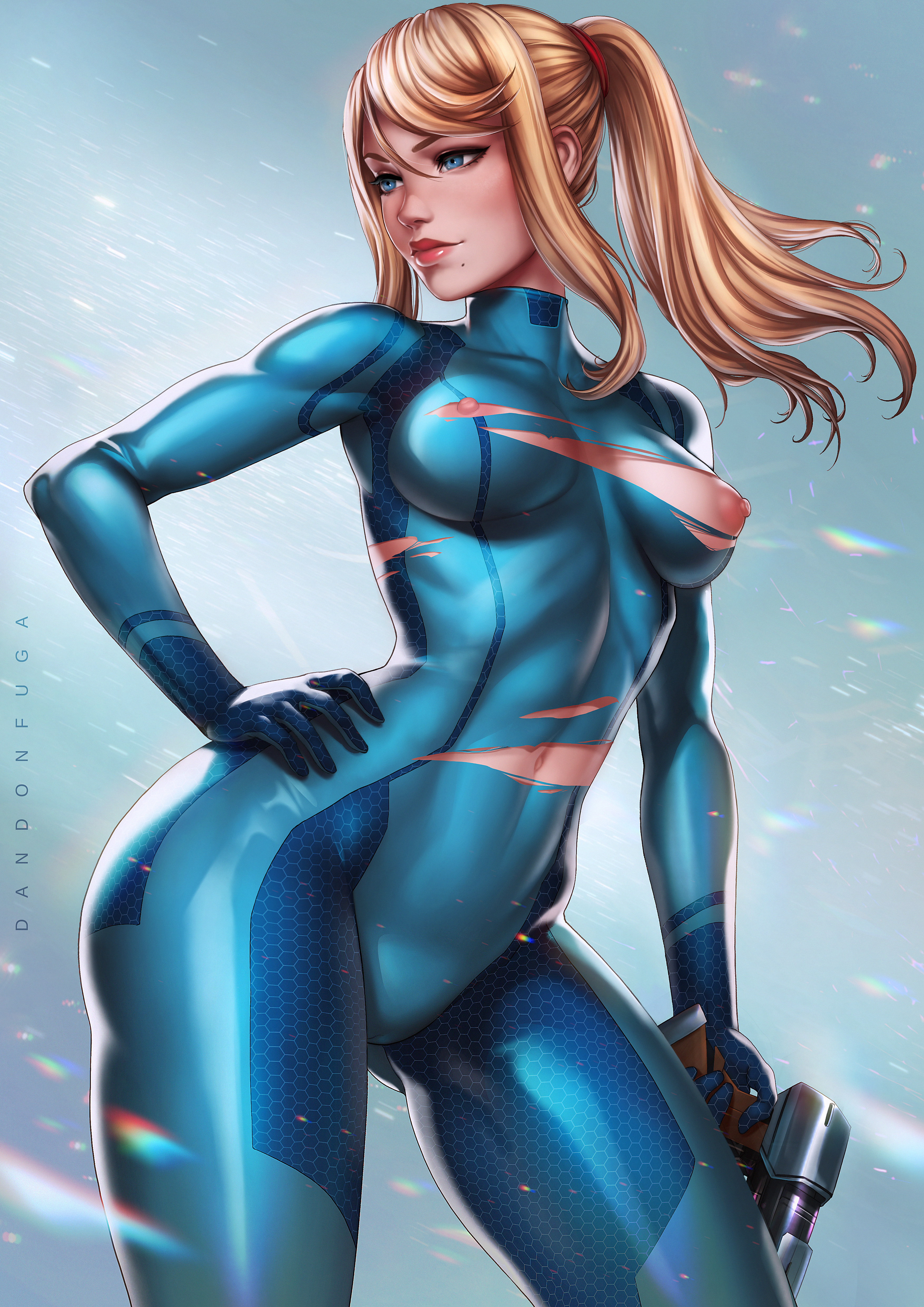 absurdres, areolae, artist name, beauty mark, blonde hair, blue eyes, bodysuit, breasts, clothed, cowboy shot, curvy, dandon fuga, eyelashes, female, female only, gun, hand on hip, handgun, highres, holding weapon, human, large breasts, lipstick, long hair, metroid, mole, nintendo, nipple cutout, nipples, ponytail, puffy nipples, ranged weapon, samus aran, sidelocks, solo, standing, tied hair, tight clothes, toned, torn clothes, weapon, zero suit, zero suit samus