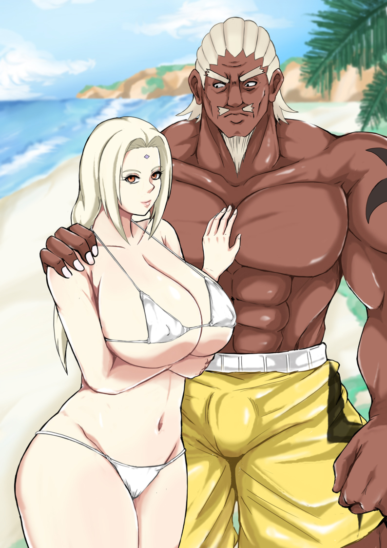 1boy, 1girls, beach, bikini, blonde hair, breasts, busty, curtains, curvy, curvy female, dark skin, dark-skinned male, deep skin, erection under clothes, eyes closed, facial mark, female, forehead jewel, forehead mark, forehead protector, hetero, huge breasts, human, interracial, large breasts, larger male, light skin, light-skinned female, male, milf, muscles, muscular, muscular male, naruto, naruto (series), naruto shippuden, nekuraneko, nipples, oppai, orange eyes, pale skin, pale-skinned female, pigtails, raikage, revealing clothes, source request, string bikini, swimming trunks, thick thighs, tsunade, wide hips