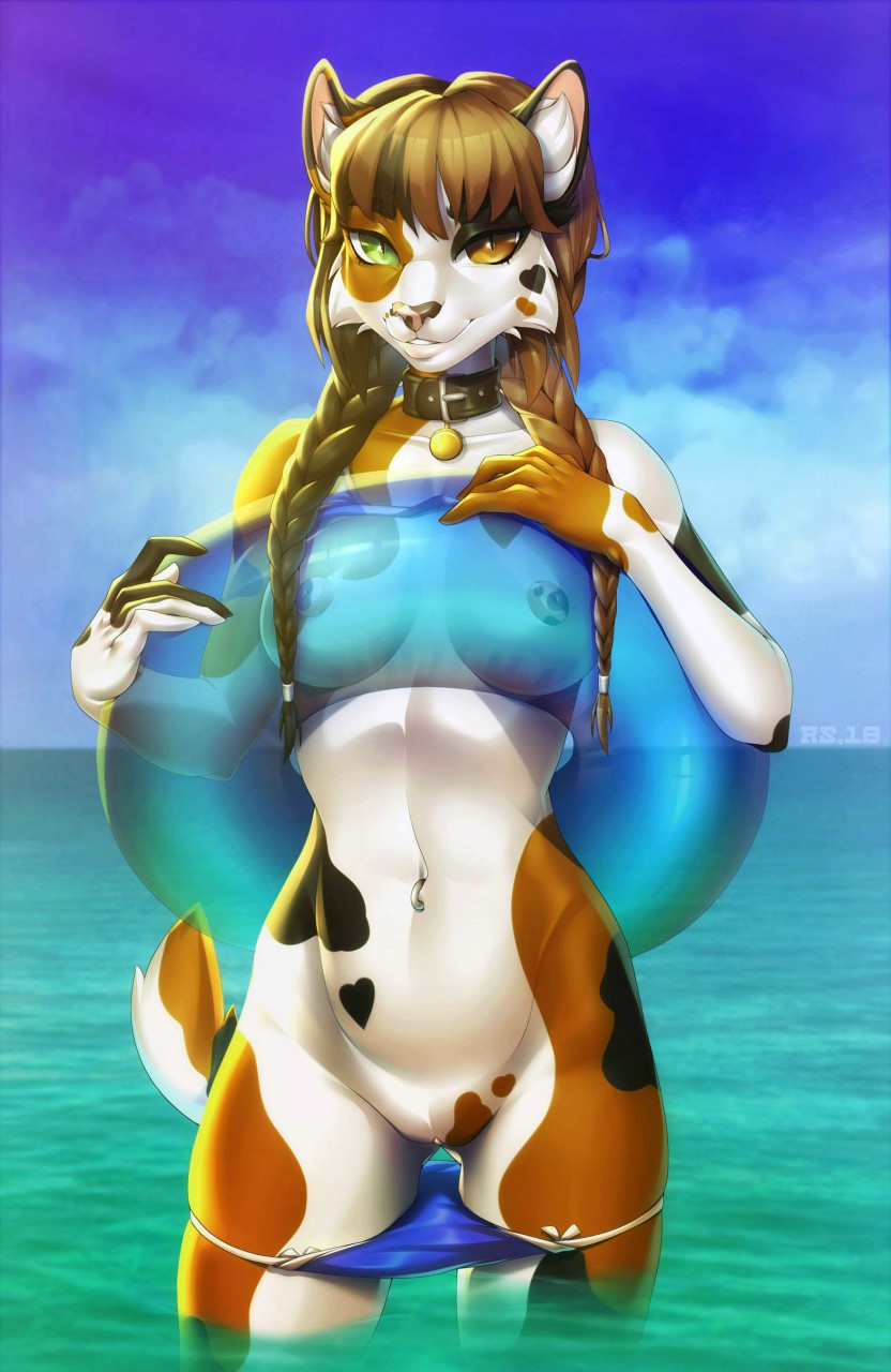 2018 5_fingers anthro areola areolae bikini bikini_bottom biped black_fur black_hair braided_hair breasts brown_eyes brown_fur brown_hair brown_nose calico_cat collar feline female female_only fur furry green_eyes heart heterochromia highres inflatable long_hair looking_at_viewer mammal multicolored_fur multicolored_hair navel navel_piercing nipples partially_submerged piercing pink_nose pussy radiant_scar sky small_breasts smile solo splotches_(marking) standing swimsuit topless two_tone_hair two_tone_nose water white_fur