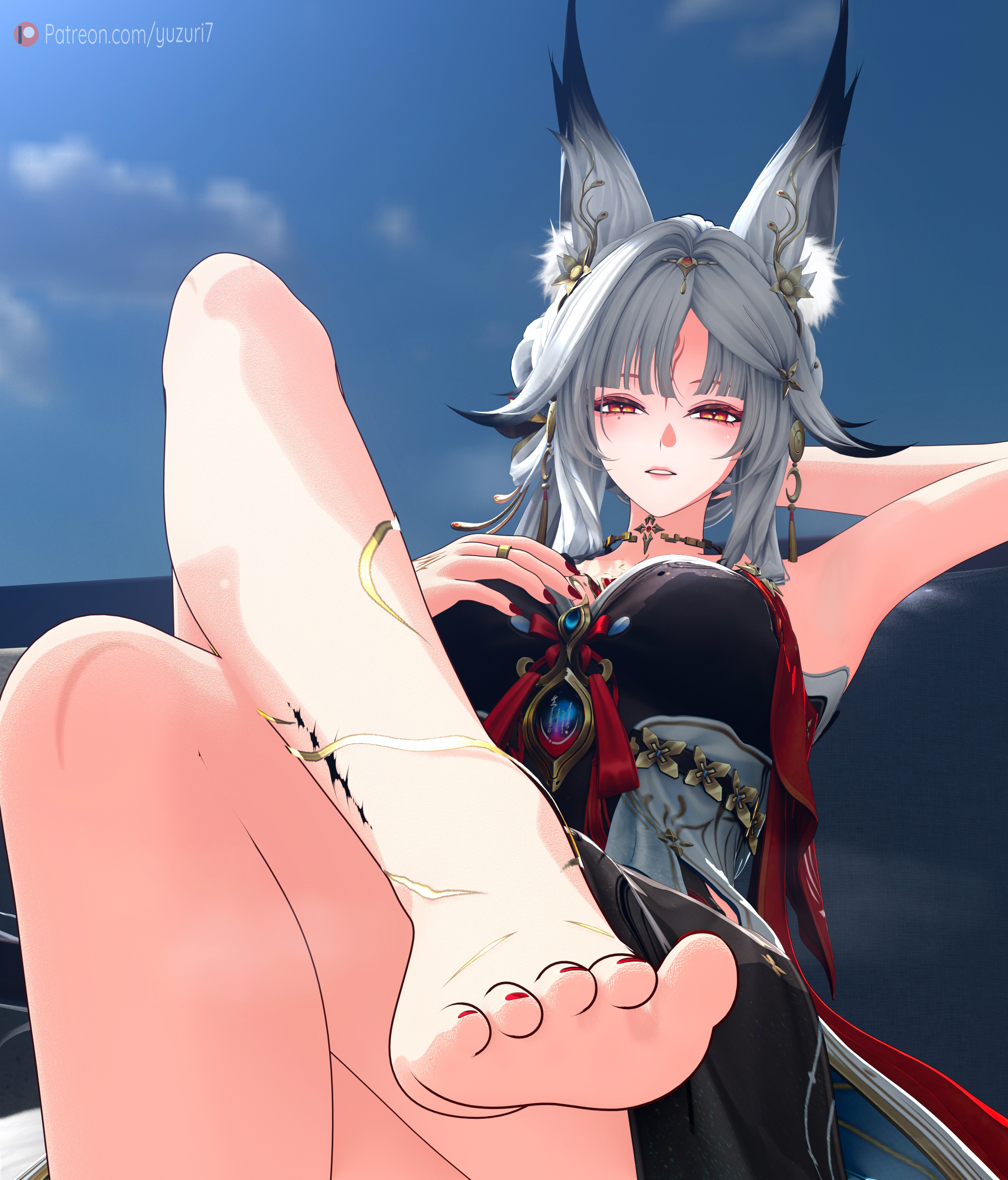1girls, 3d, armpits, barefoot, blush, crossed legs, feet, foot fetish, foot focus, fox ears, fox girl, hi res, hsin (wuthering waves), looking at viewer, open mouth, painted nails, pov feet, red eyes, sitting, soles, solo, solo female, tacet mark (wuthering waves), toes, white hair, wuthering waves, yuzuri7