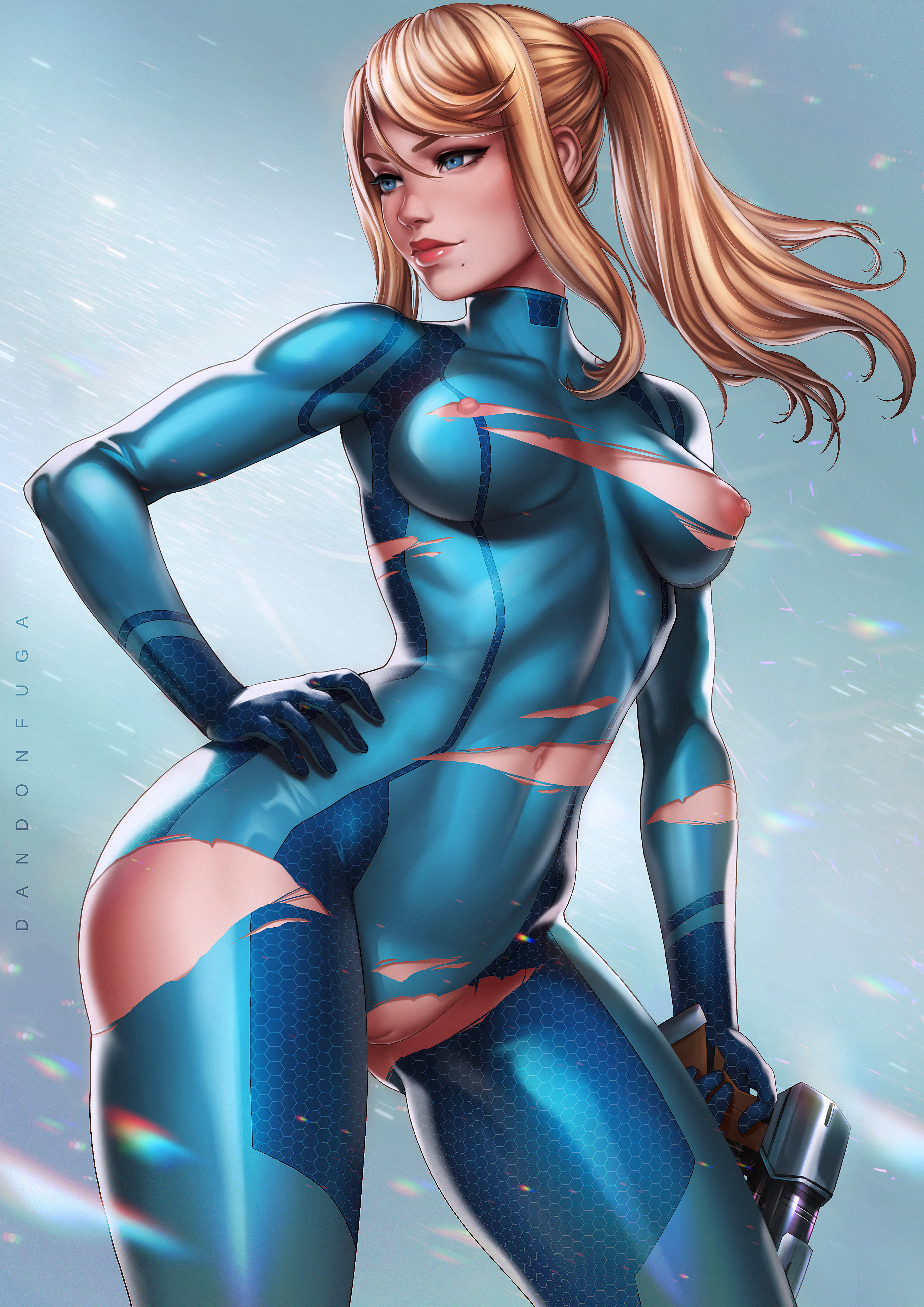 absurdres, areolae, artist name, beauty mark, blonde hair, blue eyes, bodysuit, breasts, cowboy shot, crotch cutout, curvy, dandon fuga, eyelashes, female, female only, firearm, gun, hairless pussy, hand on hip, handgun, highres, holding weapon, human, large breasts, lipstick, long hair, metroid, mole, navel, nintendo, nipple cutout, nipples, pale skin, ponytail, puffy nipples, pussy, ranged weapon, ripped clothes, ripped clothing, samus aran, sidelocks, solo, standing, tied hair, tight clothes, toned, torn clothes, torn clothing, weapon, zero suit, zero suit samus