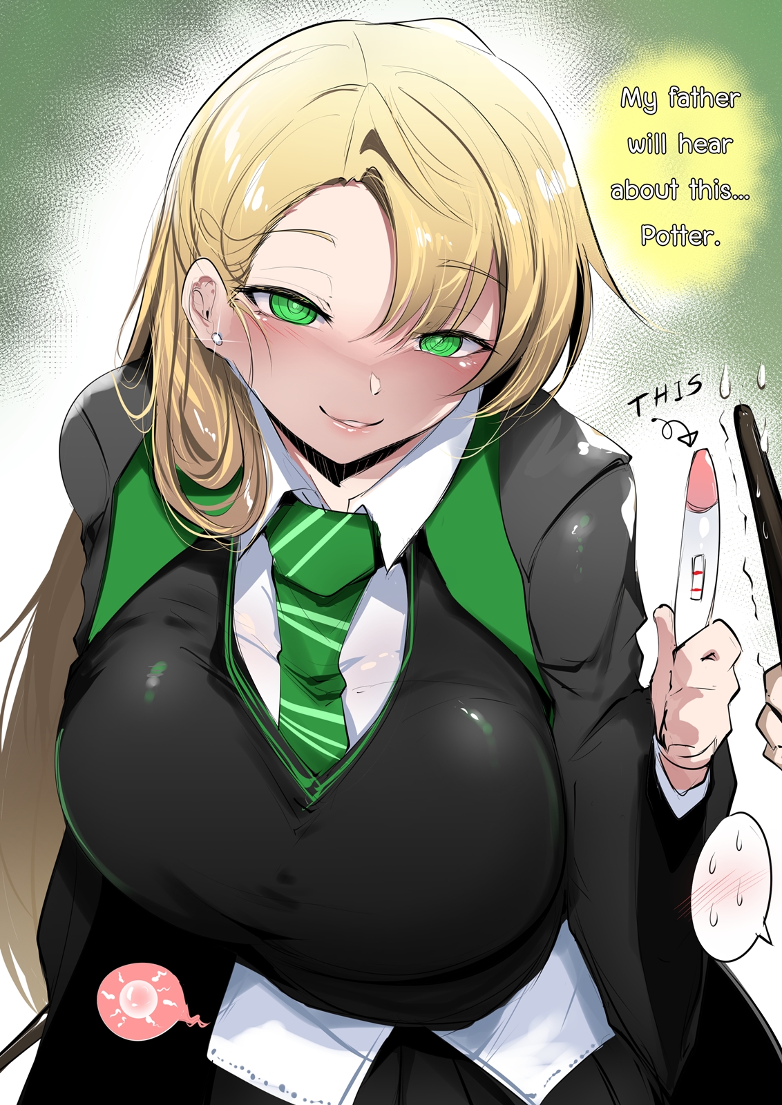1girls, 2026, blonde hair, breasts, breasts bigger than head, draco malfoy, draco malfoy (redteneri), english, english text, female focus, fertilization, full color, genderbend, genderswap, green eyes, green necktie, harry potter, high resolution, highres, holding, holding object, large breasts, licking lips, light skin, light-skinned female, long hair, looking at viewer, male pov, meow7tail, naughty face, naughty smile, novel character, pov, pregnancy, pregnancy test, rule 63, school uniform, smiling, smiling at viewer, text, tight clothing, tights, wand