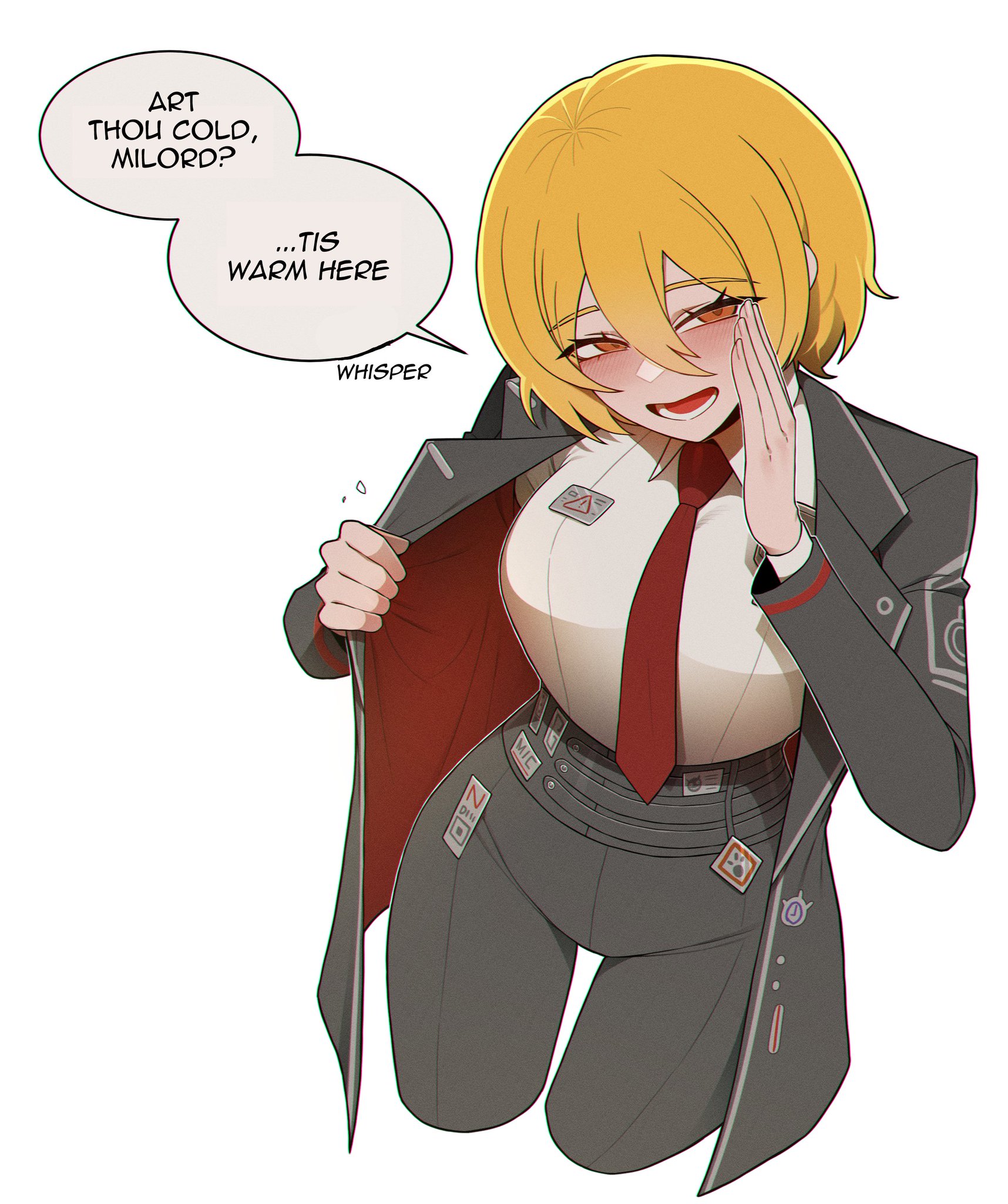 1girl, absurdres, black coat, blonde hair, blush, breasts, coat, collared shirt, commentary request, don quixote (limbus company), english, english text, highres, jacket, large breasts, limbus company, long sleeves, looking at viewer, misg1111, necktie, open clothes, open jacket, open mouth, opening own clothes, project moon, red necktie, shirt, short hair, smile, solo, text, translation request, white shirt, yellow eyes
