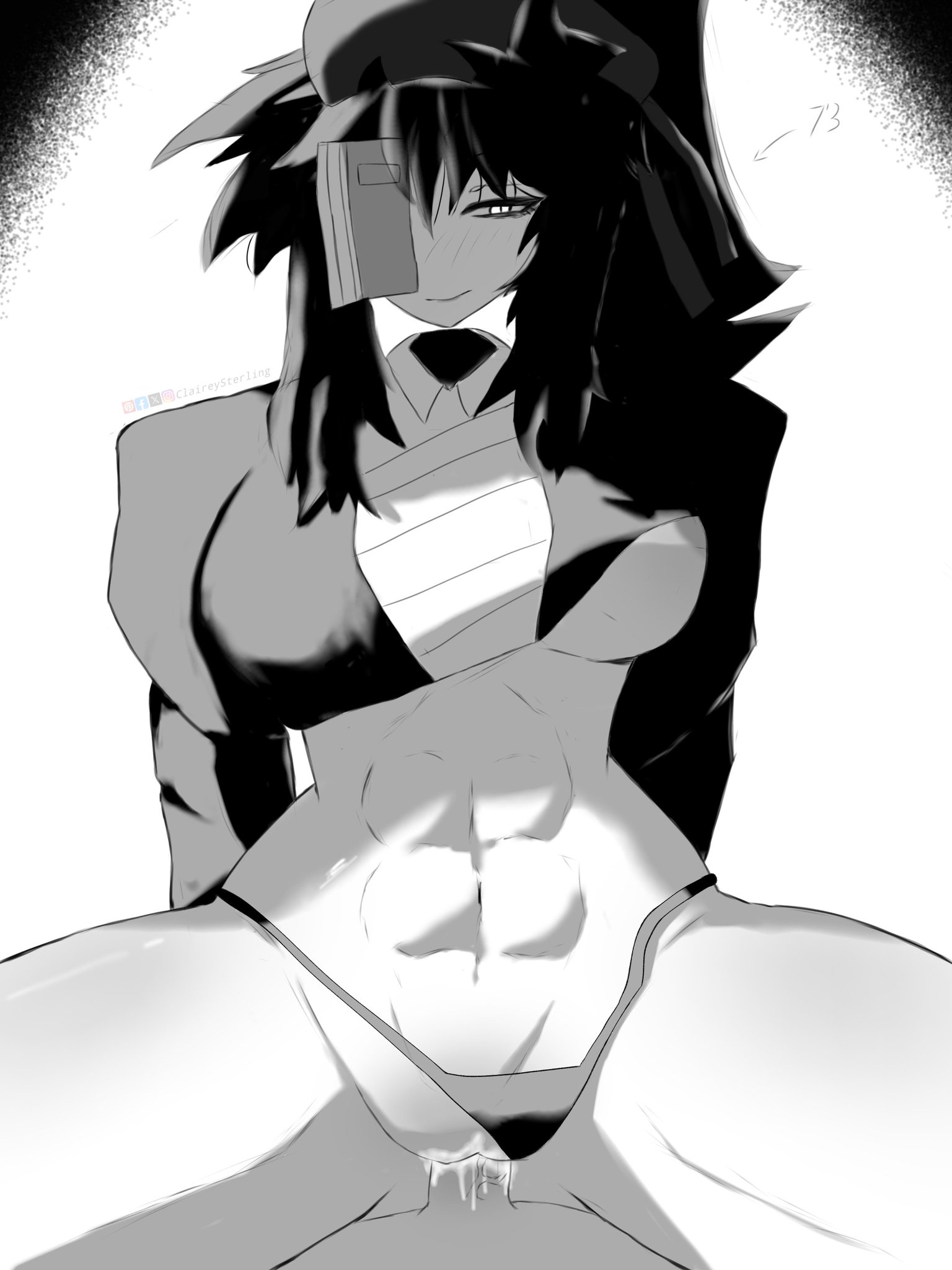 1boy, 1boy1girl, 1girls, abs, black hair, book on head, clothed female nude male, cowgirl position, cum, cum in pussy, cum inside, fundamental paper education, male pov, miss sasha (fundamental paper education), muscular female, penetration, pov, riding, riding cock, riding penis, seductive, seductive eyes, seductive look, seductive smile, shirt lift, shirt up, straight, straight sex, tagme, unseen face, unseen male face, vaginal, y/n