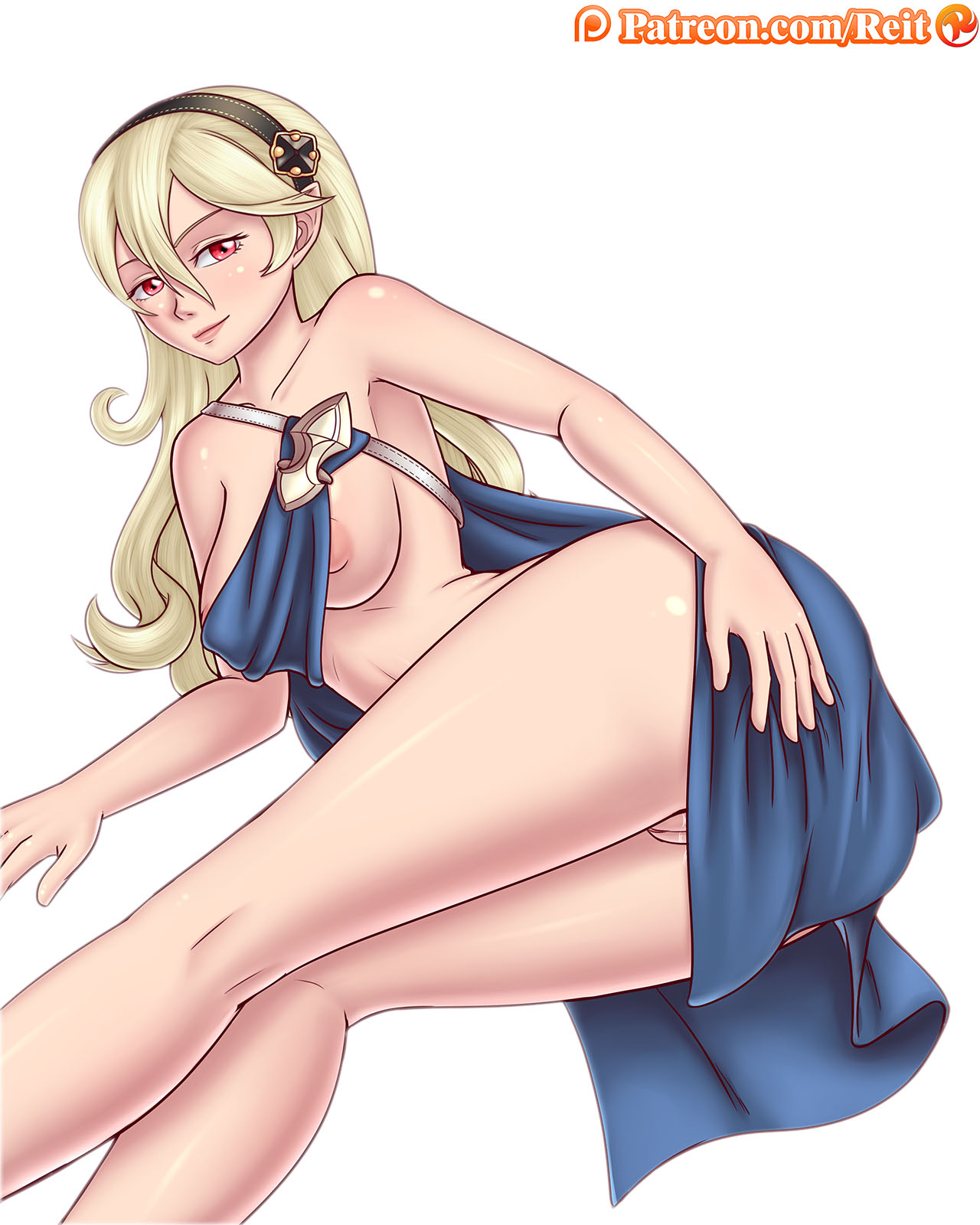 1girls, areolae, breasts, cleavage, corrin (fire emblem), corrin (fire emblem) (female), elf, female, female only, fire emblem, fire emblem fates, lying, on side, pussy, reit, solo