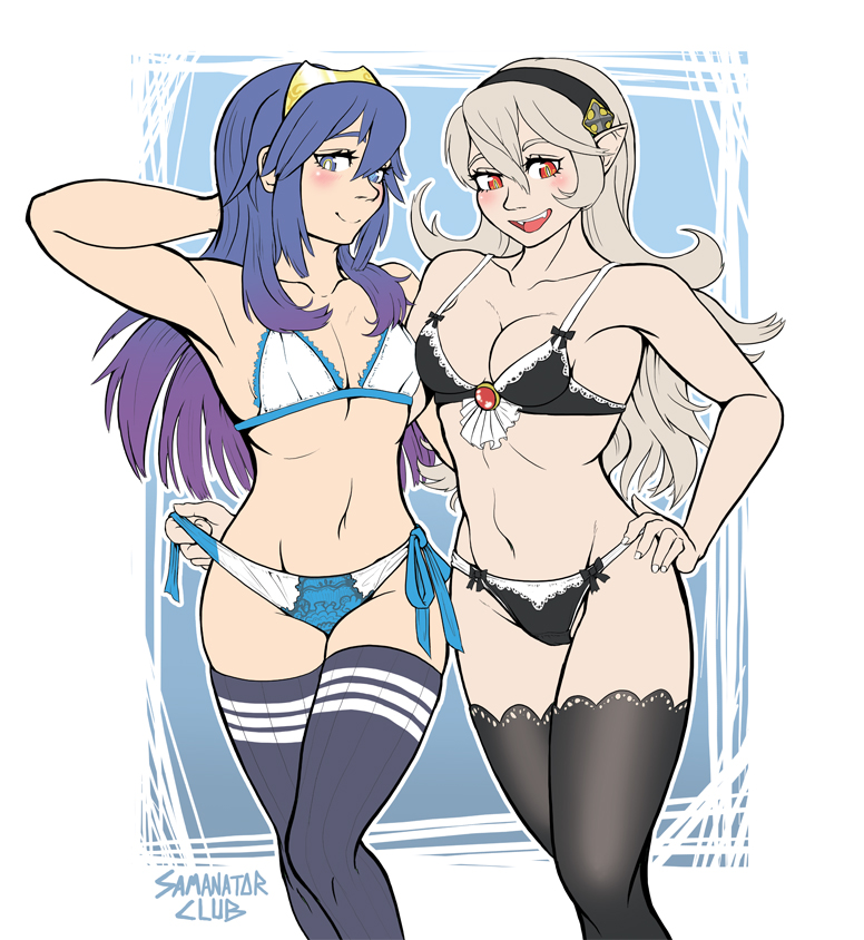 2girls, arm behind head, black legwear, blue eyes, blue hair, blue legwear, blush, bow, bow bra, bow panties, bra, bracelet, breasts, cleavage, corrin (fire emblem), corrin (fire emblem) (female), elf, eyelashes, female, female only, fire emblem, fire emblem awakening, fire emblem fates, frills, gradient, gradient hair, hairband, hand on hip, heterochromia, hourglass figure, long hair, lucina (fire emblem), multiple females, multiple girls, navel, nintendo, open mouth, panties, panty pull, pointy ears, pose, purple hair, red eyes, red hair, samanator club, short hair, side-tie panties, silver hair, slit pupils, small breasts, smile, thighhighs, tiara, two-tone hair, underwear