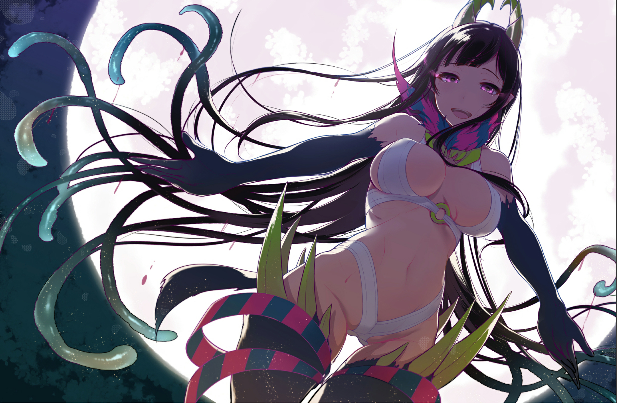 1girls, ane naru mono, black hair, blush, breasts, chiyo (ane naru mono), cleavage, curvaceous, demon, female, female only, full cleavage, full moon, glowing, glowing eyes, heart, heart-shaped pupils, horns, large breasts, long hair, looking at viewer, monster, moon, navel, open mouth, original, pochi (pochi-goya), pointy ears, purple eyes, slime, smile, solo, symbol-shaped pupils, tentacle hair, tentacles, thigh gap, thighs, wide hips