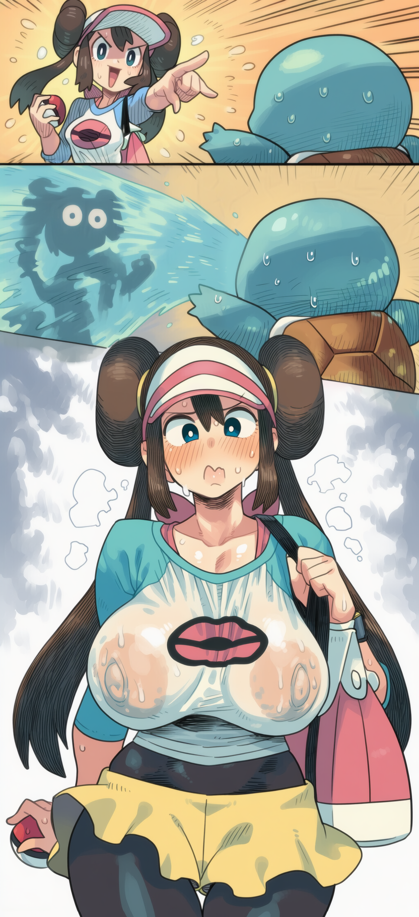 1girls, ai assisted, breasts, comic page, curvy, curvy figure, ex-ragnarokknight, hips, human, large breasts, pokemon, pokemon (species), pokemon black 2 and white 2, rosa (pokemon), wet clothes