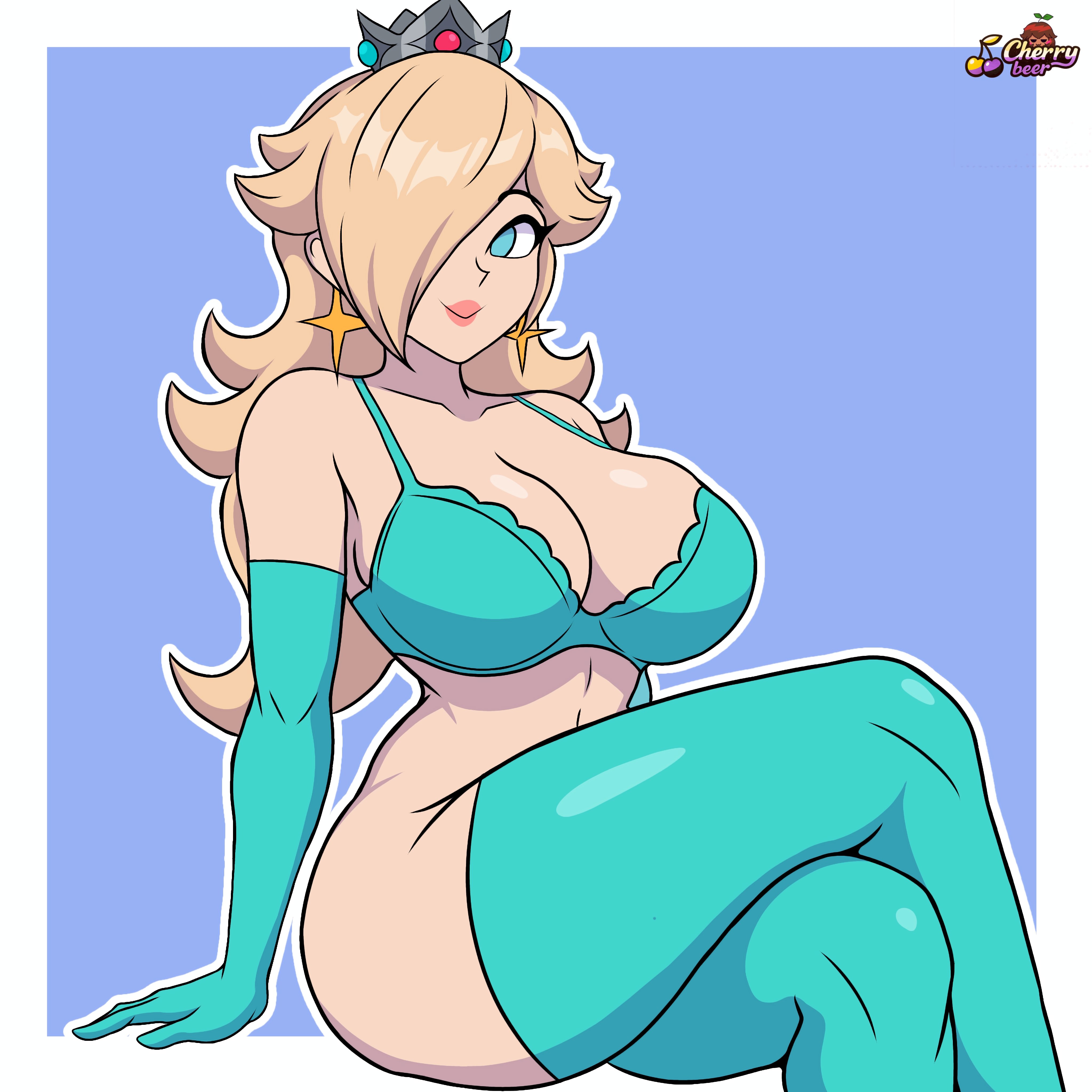 1girls, armwear, big breasts, blonde hair, blue eyes, bra, breasts, clothing, crown, ear piercing, eyelashes, female, female only, hair over one eye, huge breasts, human, human only, lacoon, legwear, light skin, light-skinned female, lingerie, looking at viewer, mario (series), mature, mature female, nintendo, princess, princess rosalina, royalty, smile, solo, solo female, solo focus, super mario galaxy, tagme, thighhighs, voluptuous, voluptuous female