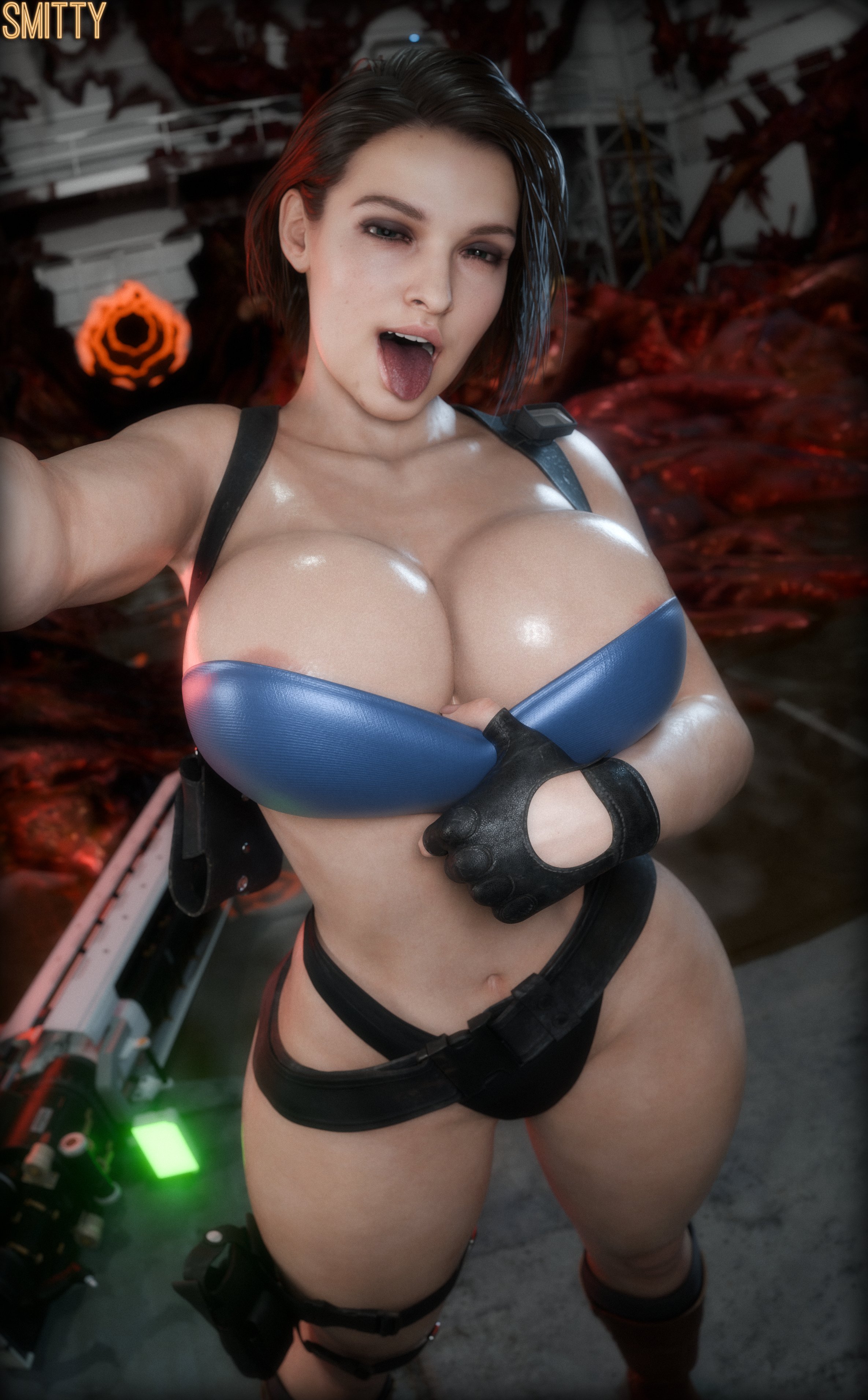 1girls, areola slip, big breasts, huge breasts, jill valentine, looking at viewer, mouth open, pulling clothing, resident evil, resident evil 3, resident evil 3 remake, smitty34, thighs, tongue, tongue out