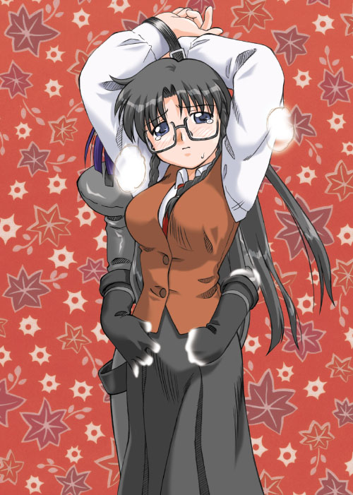 2girls arms_up black_hair blue_eyes breasts clothing female glasses heavy_breathing large_breasts long_hair miss_deep multiple_girls nancy_makuhari read_or_die tear yomiko_readman yuri