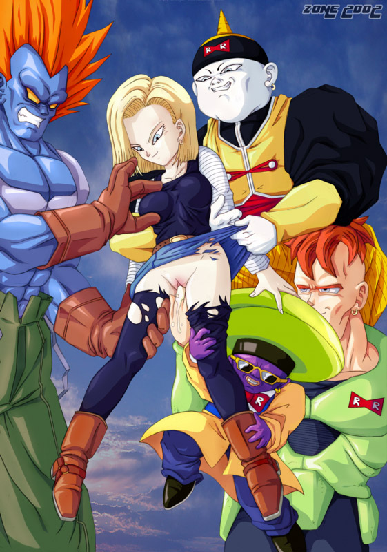 2002 android_13 android_15 android_16 android_18 android_19 blonde_hair boots breast_grab breasts dragon_ball dragon_ball_z earrings fingering gloves jewelry no_panties short_hair skirt_lift spiked_hair straight_hair torn_clothes torn_skirt uncensored zone