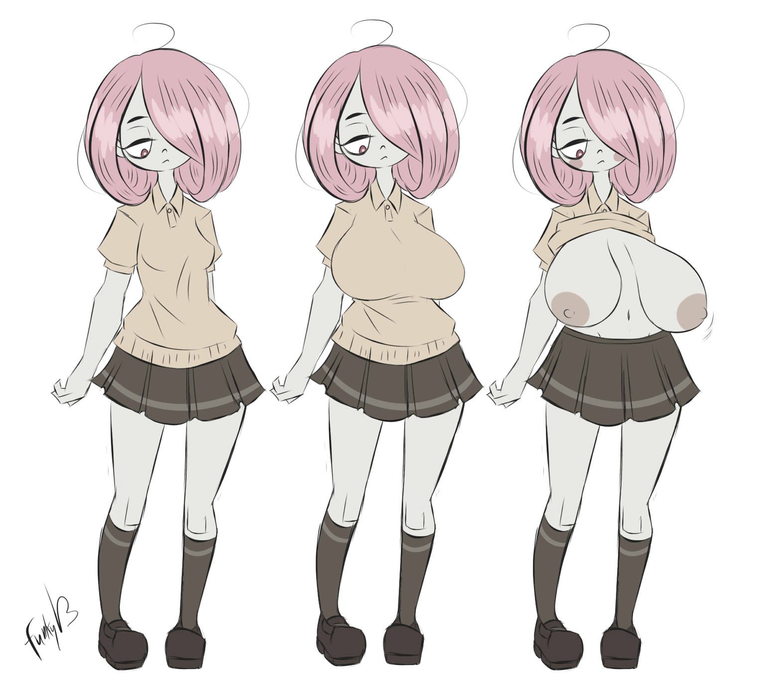 alternate breast size, areolae, blush, breast expansion, breast growth, breast growth (enlargement), breasts, breasts apart, dullvivid, female, grey skin, large breasts, little witch academia, pink hair, red eyes, sagging breasts, shirt lift, skirt, small nose, sucy manbavaran, transformation, very small nose