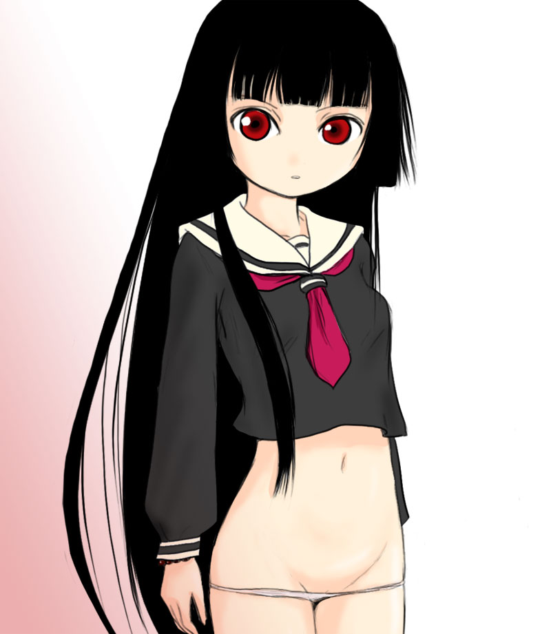 ai_enma bangs black_hair blunt_bangs bottomless enma_ai hell_girl hime_cut jigoku_shoujo long_hair lowleg lowleg_panties no_pants panties red_eyes school_uniform seifuku serafuku solo standing underwear very_long_hair white_panties yuuichi_(tareme_paradise)