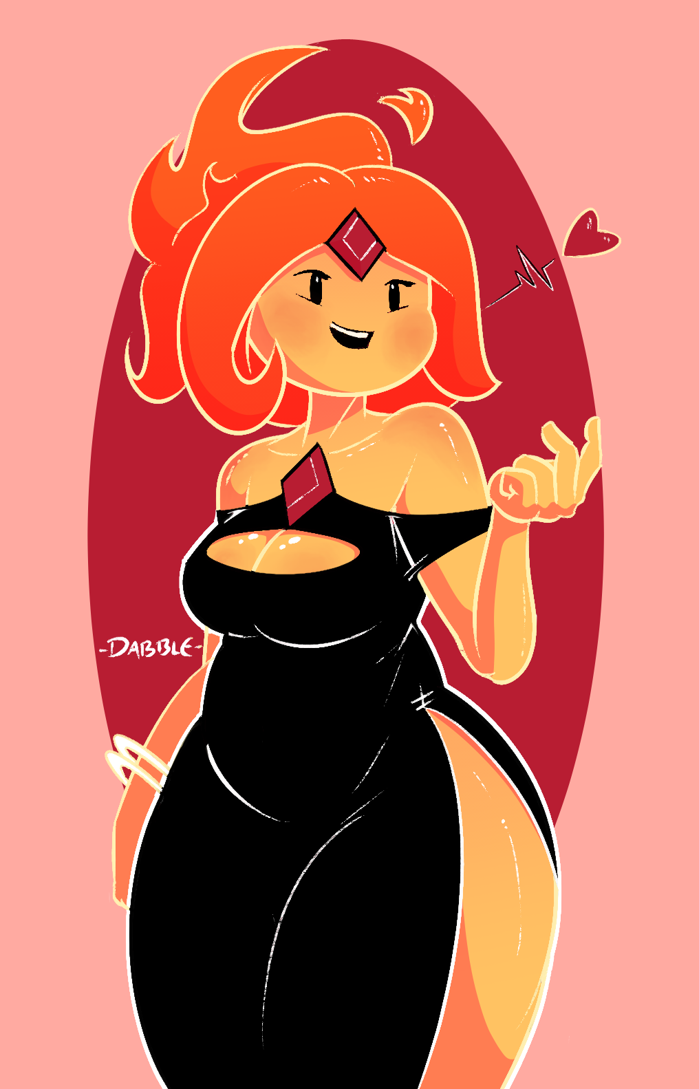 <3, 1girls, adventure time, breasts, cleavage, cleavage cutout, dabble, dress, elemental, female, fire elemental, fire hair, flame princess, fully clothed, jewelry, phoebe (adventure time), red hair, slightly chubby, solo, thick thighs