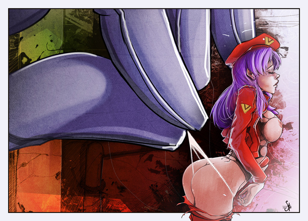 1girls, areola, ass, assisted exposure, blush, breasts, closed eyes, clothed, clothing, curvy, embarrassed, erect nipples, exposed, exposed ass, exposed nipples, female, hat, huge breasts, human, large ass, large breasts, light skin, light-skinned female, long hair, lost clothes, misato katsuragi, neon genesis evangelion, nipples, panties, panty pull, purple hair, schroedingertales, torn clothes, wedgie, white panties