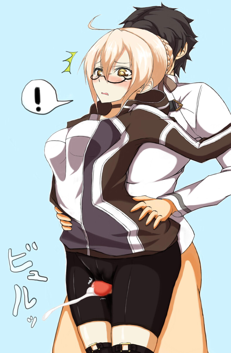 ahoge, artoria pendragon, bike shorts, black hair, blonde hair, blue background, blush, bottomless, breasts, brown eyes, choker, cum, ejaculation, fate (series), fate/grand order, female, fujimaru ritsuka (male), glasses, gym uniform, hair bun, hood, jacket, male, mysterious heroine x (alter), open mouth, orgasm, penis, penis between legs, rubbing, short hair, shorts, thigh sex, thighjob