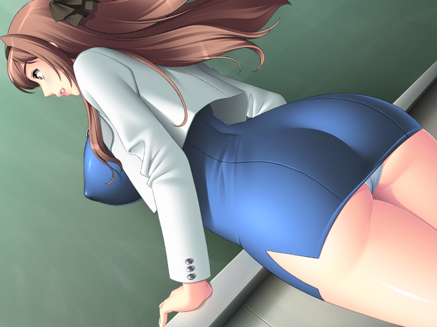 ass, breasts, brown hair, dutch angle, female, from below, large breasts, nantai prima onna kyoushi, pantyshot, pencil skirt, skin tight, skirt, takahashi record, teacher, upskirt