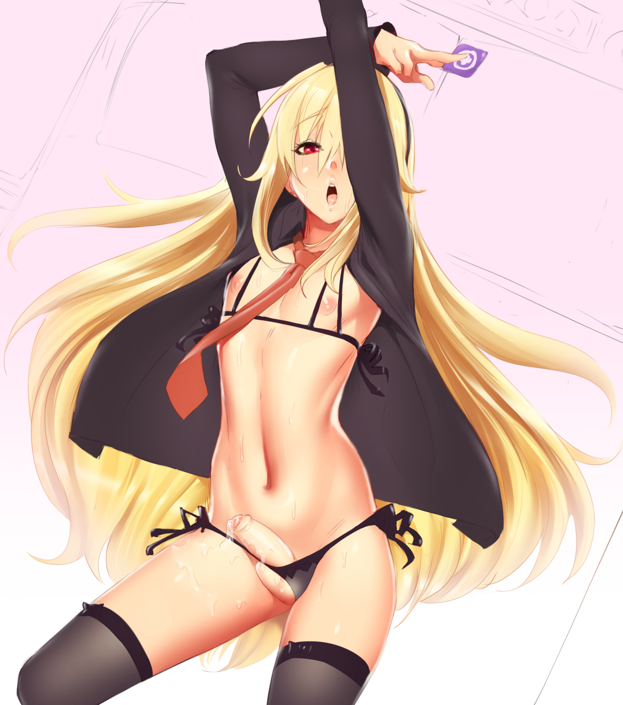 1boy, androgynous, areola, balls, balls in panties, blonde hair, condom, cum, erection, femboy, foreskin, girly, long hair, looking at viewer, male, male only, necrosmos, nemesis (necrosmos), nipples, original, panties, penis, penis in panties, precum, red eyes, solo, thighhighs, trap, uncircumcised, uncut
