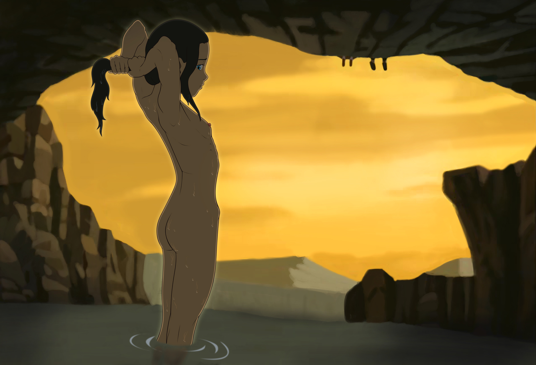 1girls, accurate art style, anaxus, avatar the last airbender, breasts, dark skin, dark-skinned female, female, flat chest, katara, long hair, loose hair, nipples, nude, public, sideboob, small breasts, solo, straight hair, water, wet