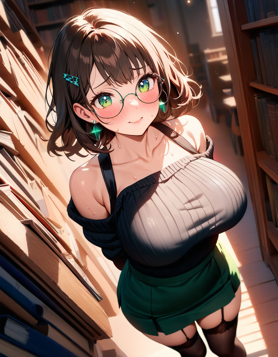 adorable ai_generated aki_(starlightnex) bare bare_shoulders big_breasts blush bra_strap braid breasts brown_hair cleavage curvy curvy_body curvy_female curvy_figure curvy_hips cute flustered from_above garter_straps glasses green_eyes green_skirt hairpin huge_breasts innocent librarian library nerdy_female original original_character precious round_glasses school_uniform schoolgirl shy slim_waist starlightnex stockings sweat sweater thick_hips thick_legs thick_thighs white_shirt wholesome wide_hips