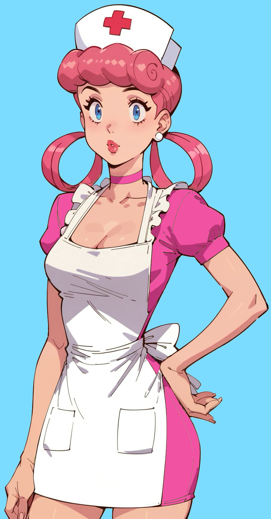 1girls blue_eyes female female_only hair_rings looking_at_viewer nurse_cap nurse_joy nurse_uniform paulinebabe pink_hair pokemon white_apron