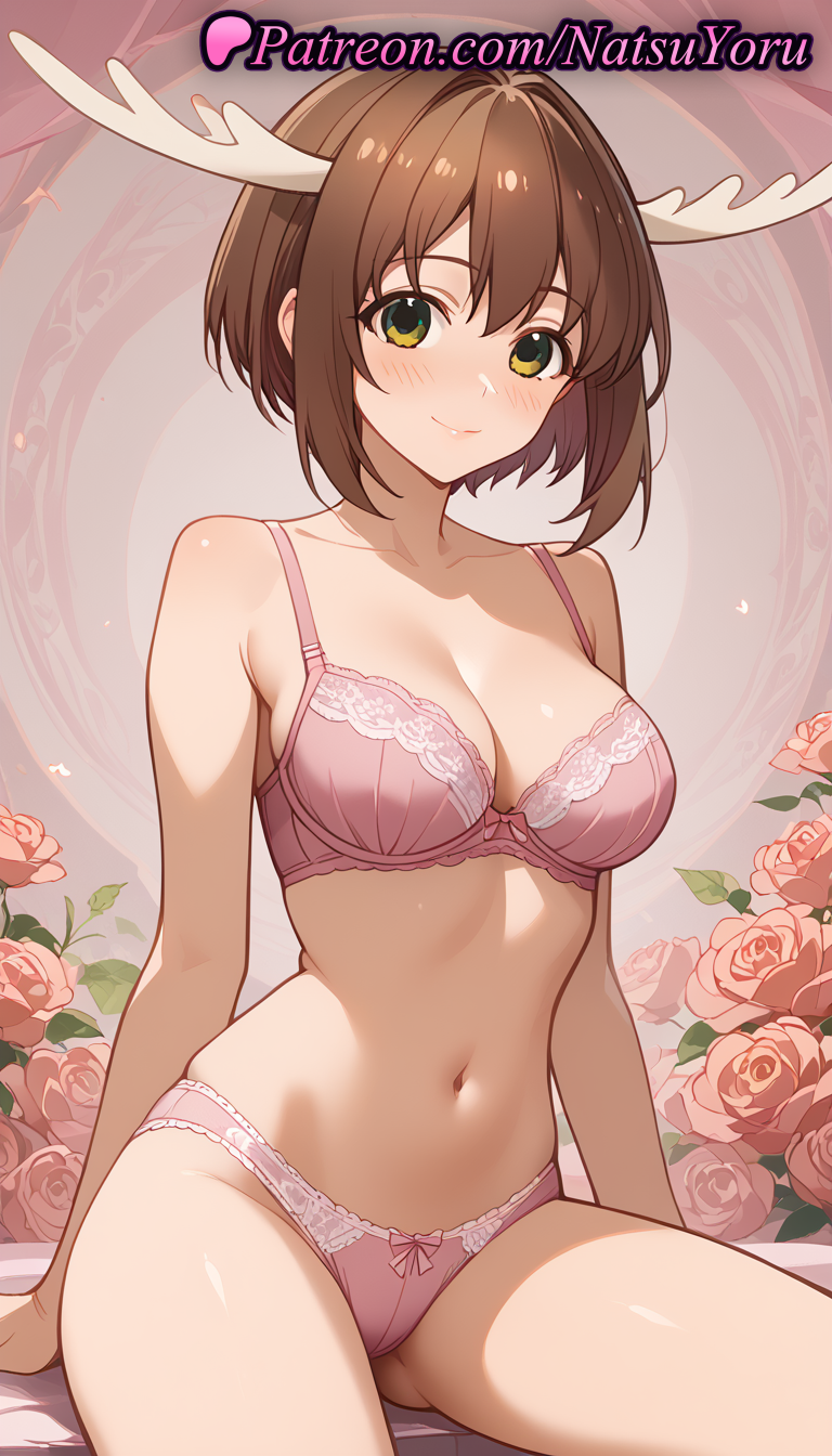 1girls ai_generated animal_ears anime anime_style antlers ass_visible_through_thighs bangs bare_arms bare_shoulders blush bow bow_bra bow_panties bra breasts brown_hair bust busty cleavage closed_mouth clothing collarbone female female_focus female_only flower green_eyes hentai horns lace-trimmed_bra lingerie looking_at_viewer medium_breasts my_deer_friend_nokotan natsuyoru navel panties pantsu pink_bra pink_flower pink_panties pink_rose rose shikanoko_noko short_hair sitting smile solo solo_female stomach thighs underwear underwear_only voluptuous voluptuous_female