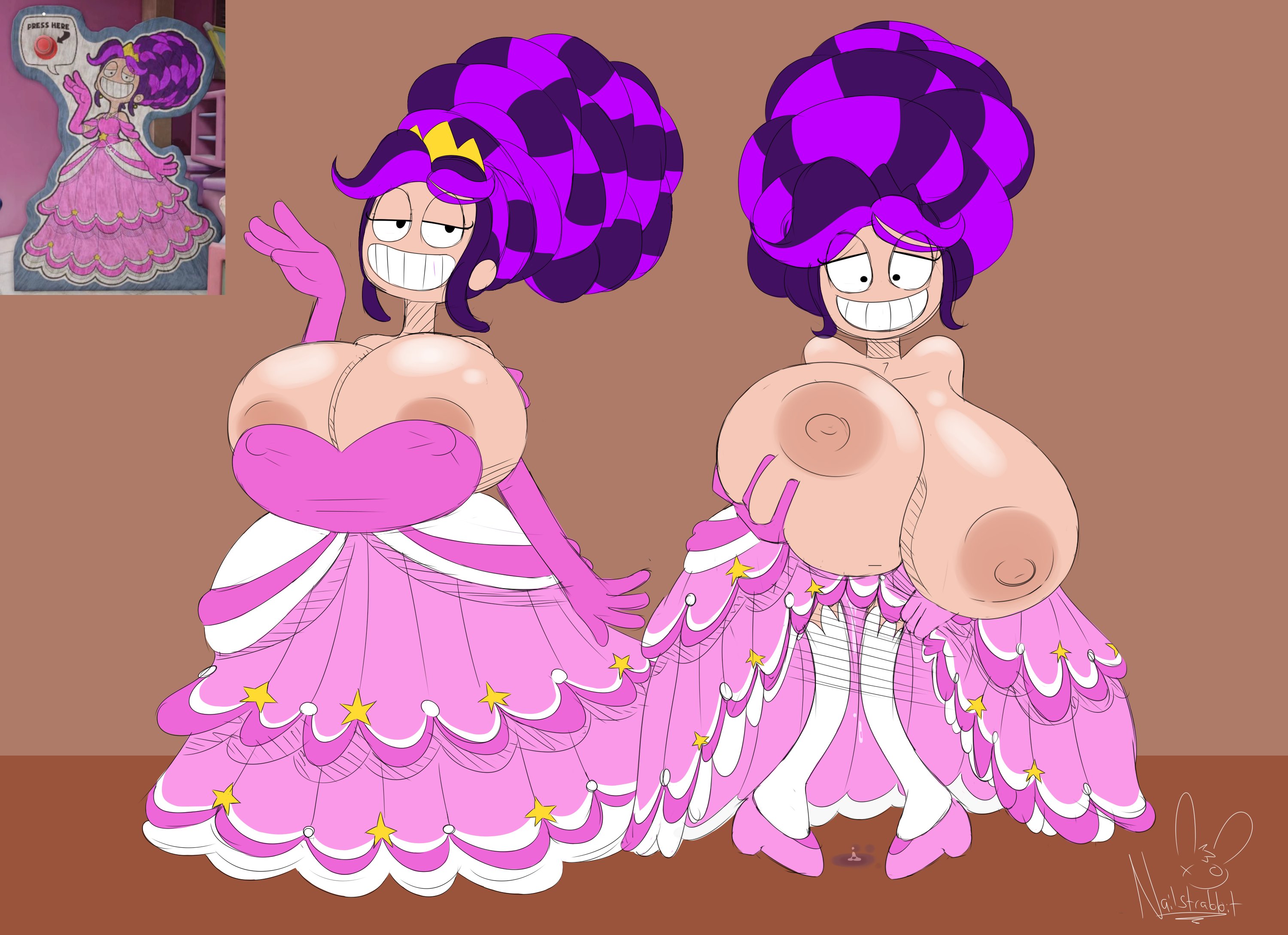 1girls, 2026, 2026s, 2d, 2d (artwork), 2d artwork, 4 fingers, alternate body type, alternate breast size, alternate costume, animate inanimate, big breasts, black eyes, braid, braided hair, braided ponytail, breast expansion, breast focus, breast grab, breast growth, breast growth (enlargement), breast squeeze, breasts, breasts bigger than head, breasts out, crown, curvy, digital art, digital drawing, digital drawing (artwork), digital media, digital media (artwork), digital painting, digital painting (artwork), doll, doll girl, dress, expansion, eyelashes, female, female focus, fingers, full body, grabbing own breast, hair, huge breasts, humanoid, humanoid female, hyper, hyper breasts, inanimate animate, large ass, large breasts, lily lovebraids, living toy, long hair, long legs, long purple hair, mascot horror, mob entertainment, mob games, multiple poses, multiple views, nailstrabbit, nipple bulge, nipple slip, nipples, nipples outside, nipples visible through clothing, noseless, not furry, pink dress, ponytail, ponytail (hair), ponytail female, poppy playtime, poppy playtime (chapter 5), princess, princess dress, purple hair, smile, smiling, star, star (symbol), thick, tits bigger than head, video games