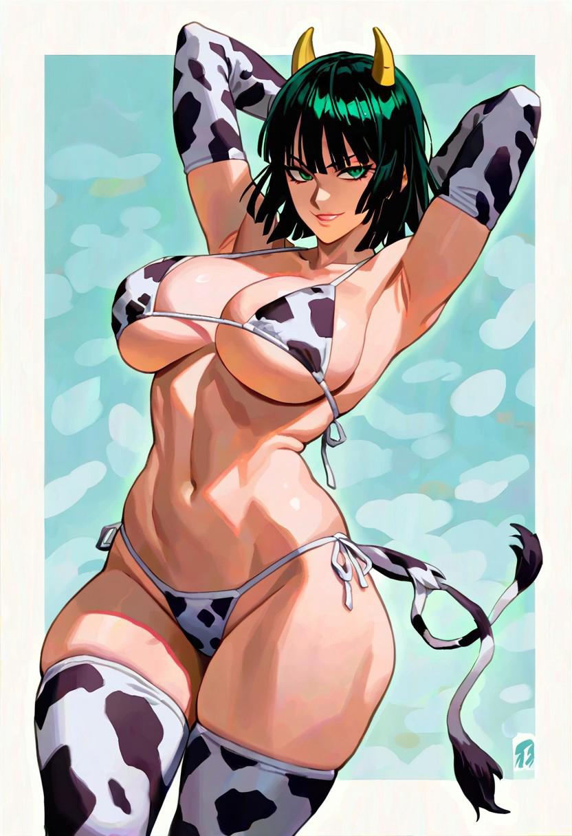 1girls ai_generated alternate_version_available cow_print_bikini female fubuki_(one-punch_man) johnbread one-punch_man solo