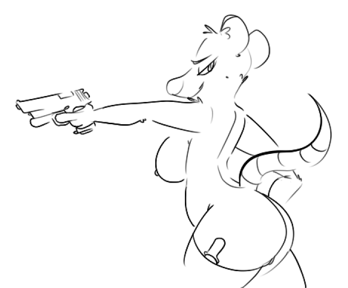 armed ass black_and_white breasts dat_ass female gun knife koodge lineart looking_at_viewer nipples opossum pistol pussy ranged_weapon rodent sketch solo stocking weapon