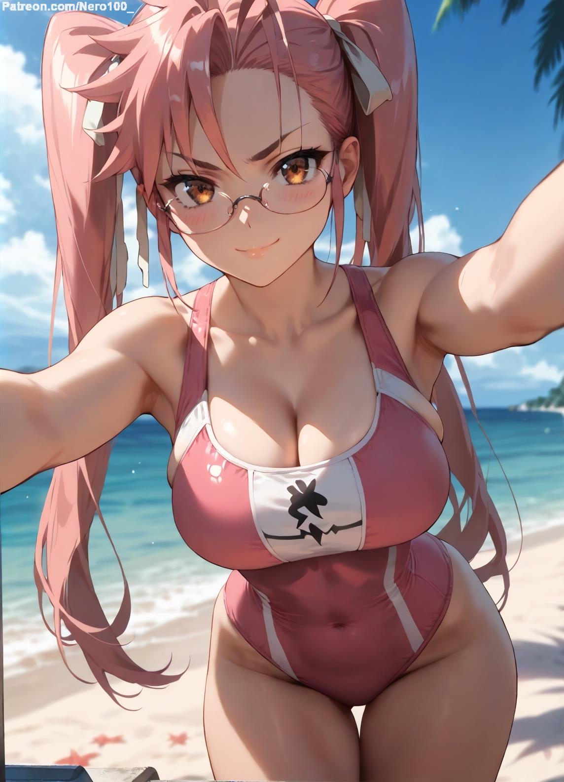 1girls 2d ai_generated ass athletic athletic_female bare_shoulders beach belly big_breasts chest cleavage curvy curvy_figure cute cute_face detailed eyelashes eyeshadow female female_focus female_only fit fit_female focus from_above glasses high-angle_view high_quality highschool_of_the_dead hips huge_breasts large_breasts legs light-skinned_female light_skin lips lipstick looking_at_viewer makeup mascara midriff navel nero100 one-piece_swimsuit orange_eyes outdoors pale-skinned_female pale_skin pink_hair posing sagging_breasts saya_takagi seductive seductive_look selfie stable_diffusion swimsuit swimwear thick_thighs thighs twintails wide_hips yellow_eyes