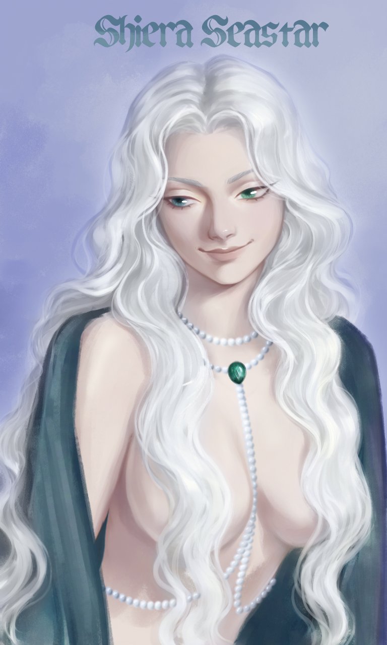 1girls 2020s 2026 2d 2d_(artwork) a_song_of_ice_and_fire artist_request bare_shoulders big_breasts blue_eyes breasts cloak covered_nipples female fire_and_blood game_of_thrones green_eyes green_jewelry hair_covering_breasts hair_over_breasts heterochromia jewelry light-skinned_female light_skin long_hair looking_down name_in_background necklace off_shoulder pearl_necklace shiera_seastar silver_hair simple_background smile solo undressing upper_body valyrian very_long_hair white_hair