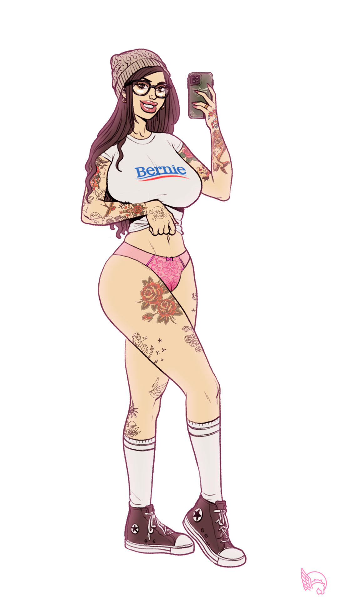 1girls, beanie, big breasts, big lips, bimbo, bimboctober, bimbofied, breasts, breasts bigger than head, brown eyes, brown hair, cameltoe, cellphone, female, female focus, female only, glasses, hipster, holding object, katy miller, lifting shirt, long hair, oc, original character, panties, pegasus (artist), phone, pinup, politics, solo, solo female, solo focus, tattoo, tattoo on legs, tattooed arm, tattoos