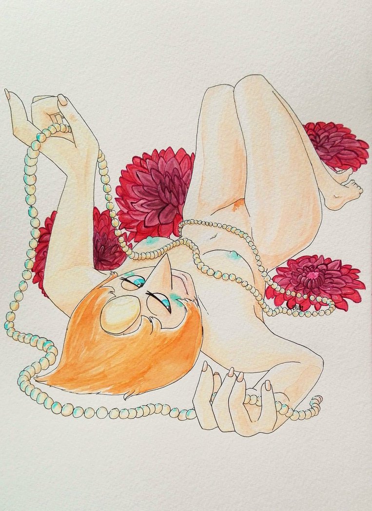 artistic_nude blue_blush blue_eyes blush flowers gem_(species) laying_down orange_hair pearl_(steven_universe) pearl_necklace pubic_hair raevenilonka steven_universe unshaved_pussy watercolor