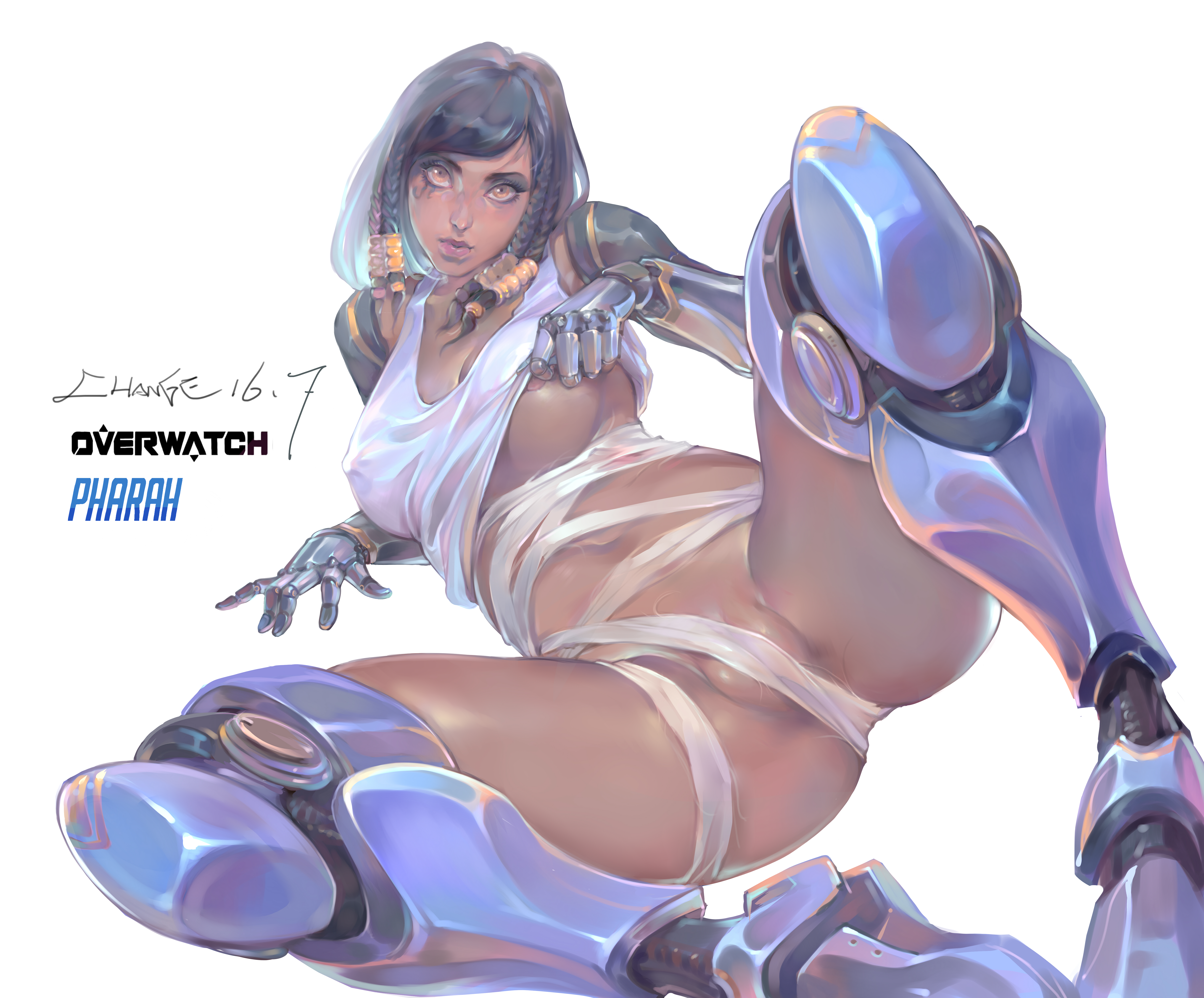 2016, absurdres, areola slip, areolae, arm at side, arm support, armor, artist name, bangs, black hair, braid, breast slip, breasts, brown eyes, change (artist), character name, cleavage, collarbone, copyright name, dark skin, dark-skinned female, dated, eye of horus, facial mark, facial tattoo, female, gauntlets, greaves, hair tubes, head tilt, highres, knee pads, knee up, large breasts, large filesize, looking at viewer, lying, medium breasts, navel, nipple slip, nipples, on side, overwatch, parted lips, partially visible vulva, pharah, power armor, pussy, revision, shirt lift, short hair, side braids, signature, simple background, sleeveless, solo, spread legs, swept bangs, tank top, tattoo, tied hair, white background