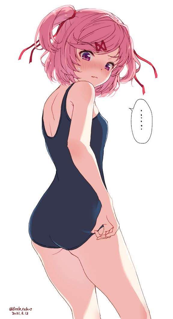 1female 1girls 5_fingers ass blush blush_lines blushing butt chel2i doki_doki_literature_club natsuki_(doki_doki_literature_club) one-piece_swimsuit pink_eyes pink_hair swimsuit swimwear