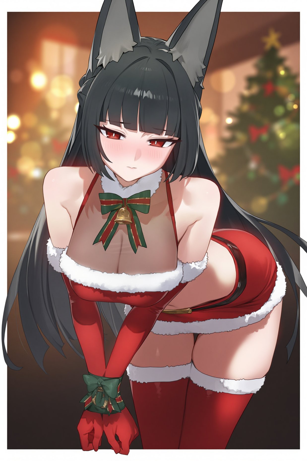 1girls bent_over black_hair blush breasts christmas christmas_outfit dress fox_ears fox_girl hoshimi_miyabi jingle_bell large_breasts looking_at_viewer red_eyes skirt solo thick_ass thick_thighs tied_up