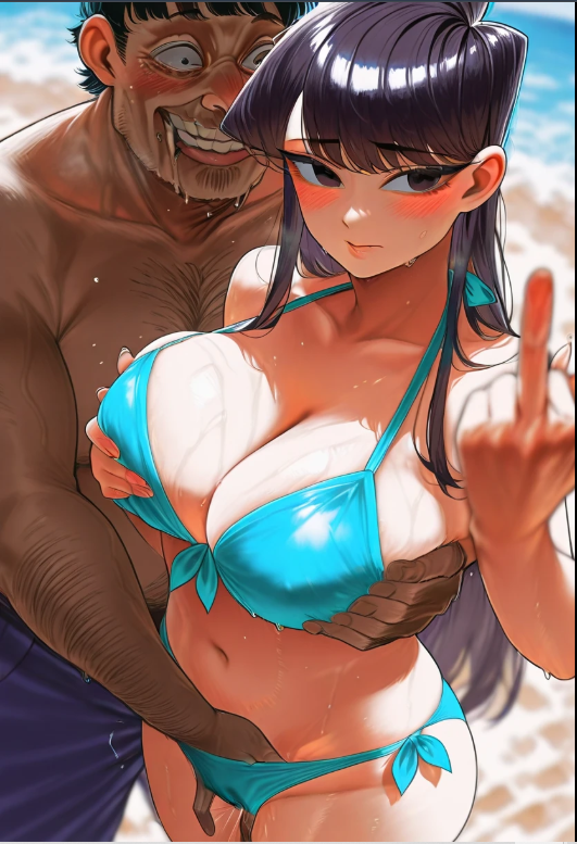 , 1boy 1girls ai_generated ai_hands beach big_breasts bikini blush cheating cheating_female cheating_girlfriend female fingering grabbing_breasts komi-san_wa_komyushou_desu komi_shouko male mature_female middle_finger netorare original_character scared ugly_bastard ugly_man wet