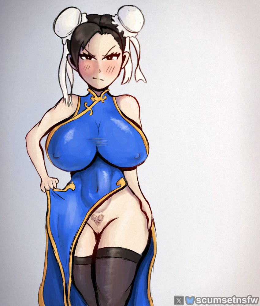 1girls 2d 2d_(artwork) angry angry_expression angry_face big_breasts blush blush chun-li heart heart-shaped_pubic_hair heart_pubes lifting_clothing lifting_dress lifting_own_clothes looking_at_viewer nipple_bulge scumset stockings thick_thighs thigh_highs thighhighs