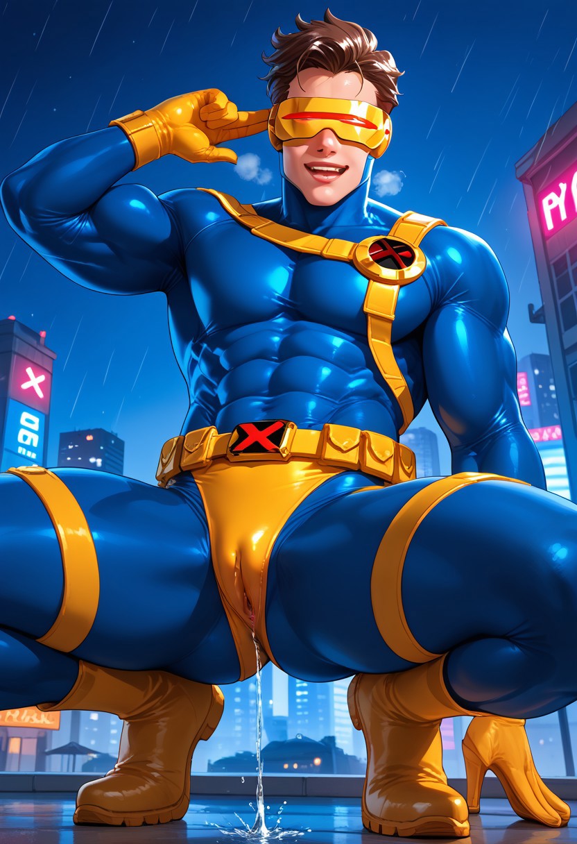 ai_generated big_breasts cum cum_in_ass cum_in_pussy cum_inside cunt cuntboy cyclops_(x-men) fully_clothed large_pecs muscular pussy pussy_juice pussy_outline spread_legs spread_pussy squatting squirting superhero thick_thighs vagina_outline x-men