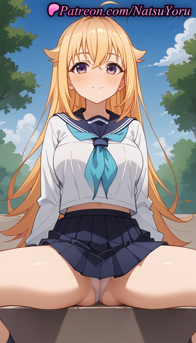 1girls ahoge ai_generated anime anime_style aqua_neckerchief bangs black_skirt black_socks blonde_hair blue_neckerchief blue_sailor_collar blue_skirt blue_sky blush braid breasts bust busty cameltoe closed_mouth cloud crossed_bangs day female female_focus female_only hair_between_eyes hair_flaps hentai koshi_torako large_breasts long_hair long_sleeves looking_at_viewer midriff_peek miniskirt my_deer_friend_nokotan natsuyoru navel neckerchief outdoors panties pantsu pantyshot pleated_skirt purple_eyes sailor_collar sailor_uniform school_uniform serafuku shirt sitting skirt sky smile socks solo solo_female spread_legs thighs tree underwear voluptuous voluptuous_female white_panties white_shirt