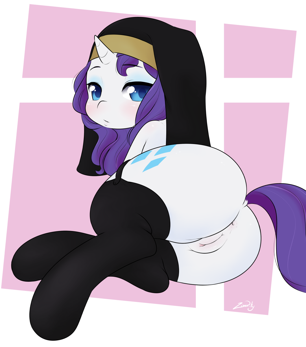 1girls anus ass blue_eyes blush clitoris clothing cutie_mark equine female feral friendship_is_magic fur garter_straps habit hair horn legwear long_hair looking_at_viewer looking_back lying mammal my_little_pony nun on_side pose purple_hair purple_tail pussy rarity_(mlp) stockings thighhighs uncensored unicorn white_fur zoarity