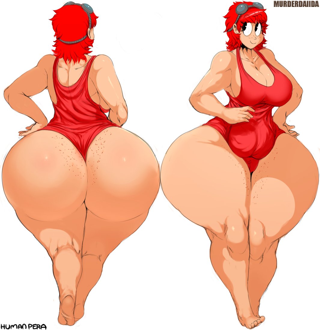 1girls ass big_ass breasts dat_ass female freckles front_and_back huge_ass huge_hips human hyper hyper_ass leotard pera plump red_hair swimsuit swimwear thick_thighs thighs vhsdaii white_background wide_hips