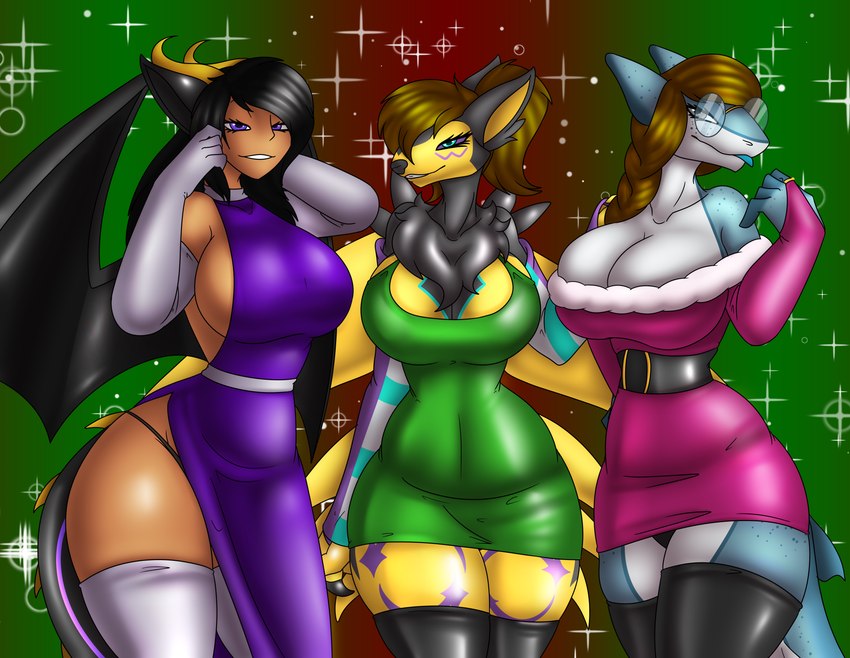 2024 animal_humanoid anthro armwear bandai_namco bedroom_eyes big_breasts black_body black_clothing black_fur black_hair black_latex black_legwear black_thigh_highs blep blue_body blue_eyes breasts bridal_gauntlets brown_hair christmas cleavage clothed clothed_anthro clothed_female clothing digimon digimon_(species) dragon dragon_humanoid dress elbow_gloves eyewear female fish fur generation_3_pokemon generation_4_pokemon glasses gloves green_clothing green_dress grey_eyes group hair handwear hi_res holidays humanoid hybrid koekoek latex latex_clothing latex_legwear latex_thigh_highs latias legendary_pokemon legwear long_hair looking_at_viewer lucene_(koekoek) luxray marine membrane_(anatomy) membranous_wings multicolored_body mythological_creature mythological_scalie mythology narrowed_eyes neck_tuft nintendo pink_clothing pink_dress pokemon pokemon_(species) purple_clothing purple_dress purple_eyes purple_sclera renamon samantha_(koekoek) scalie seductive shark side_boob side_slit_dress thick_thighs thigh_highs thong_straps tongue tongue_out trio tuft two_tone_body vanessa_(koekoek19) wearing_glasses white_armwear white_body white_clothing white_elbow_gloves white_gloves white_handwear white_legwear white_thigh_highs wide_hips wings yellow_body