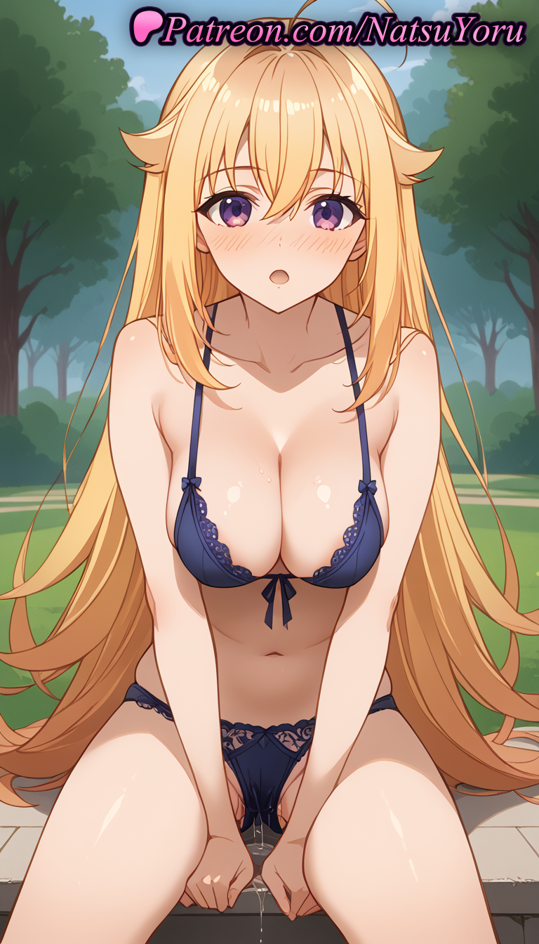 1girls :o ahoge ai_generated anime anime_style asian bangs bare_arms bare_shoulders between_legs bikini blonde_hair blue_bra blue_panties blush bra breasts bush bust busty cameltoe cleavage collarbone crossed_bangs day female female_focus female_only hair_between_eyes hair_flaps hand_between_legs hentai koshi_torako lace-trimmed_bra large_breasts lingerie long_hair looking_at_viewer my_deer_friend_nokotan natsuyoru navel open_mouth outdoors panties pantsu peeing peeing_self purple_eyes pussy_juice sitting solo solo_female stomach thighs tree underwear underwear_only urine very_long_hair voluptuous voluptuous_female