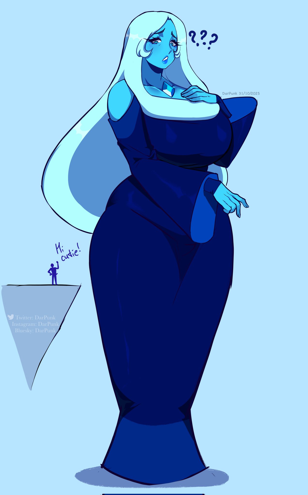1boy, 1girls, bare shoulders, big lips, blue diamond (steven universe), blue eyes, blue skin, breasts, cartoon network, cleavage, darpunk, diamond authority, dress, female, gem (species), giantess, huge breasts, long hair, male, size difference, steven universe, tagme