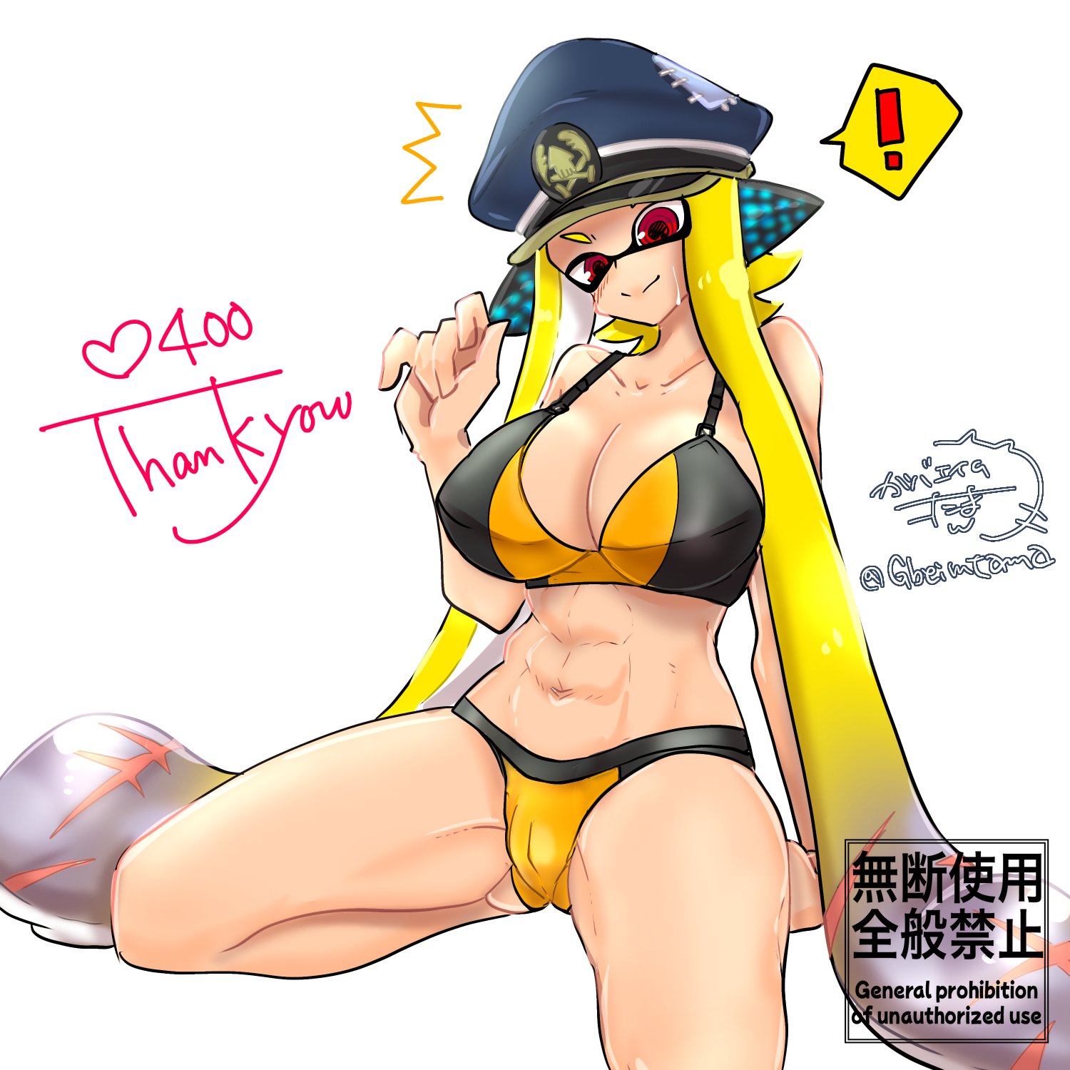 !, 1girls, abs, agent 3 (splatoon 3), agent 3 (splatoon), artist signature, bra, breasts, captain (splatoon 3), cleavage, female, gbeimtama, inkling, inkling girl, kaori (splatoon), large breasts, long hair, navel, nintendo, panties, red eyes, simple background, smile, smiling, splatoon, splatoon (series), splatoon 3, splatoon 3: return of the mammalians, sweat, tentacle hair, underwear, white background, yellow hair, yellow panties