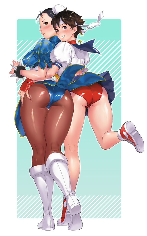 2girls ass ass_grab big_ass big_breasts breasts capcom chun-li female female_only footwear fully_clothed handwear headwear human large_ass multiple_girls nanboku nipple_bulge pale_skin panties pantyhose sakura_kasugano shiny_pantyhose skirt street_fighter upskirt yuri