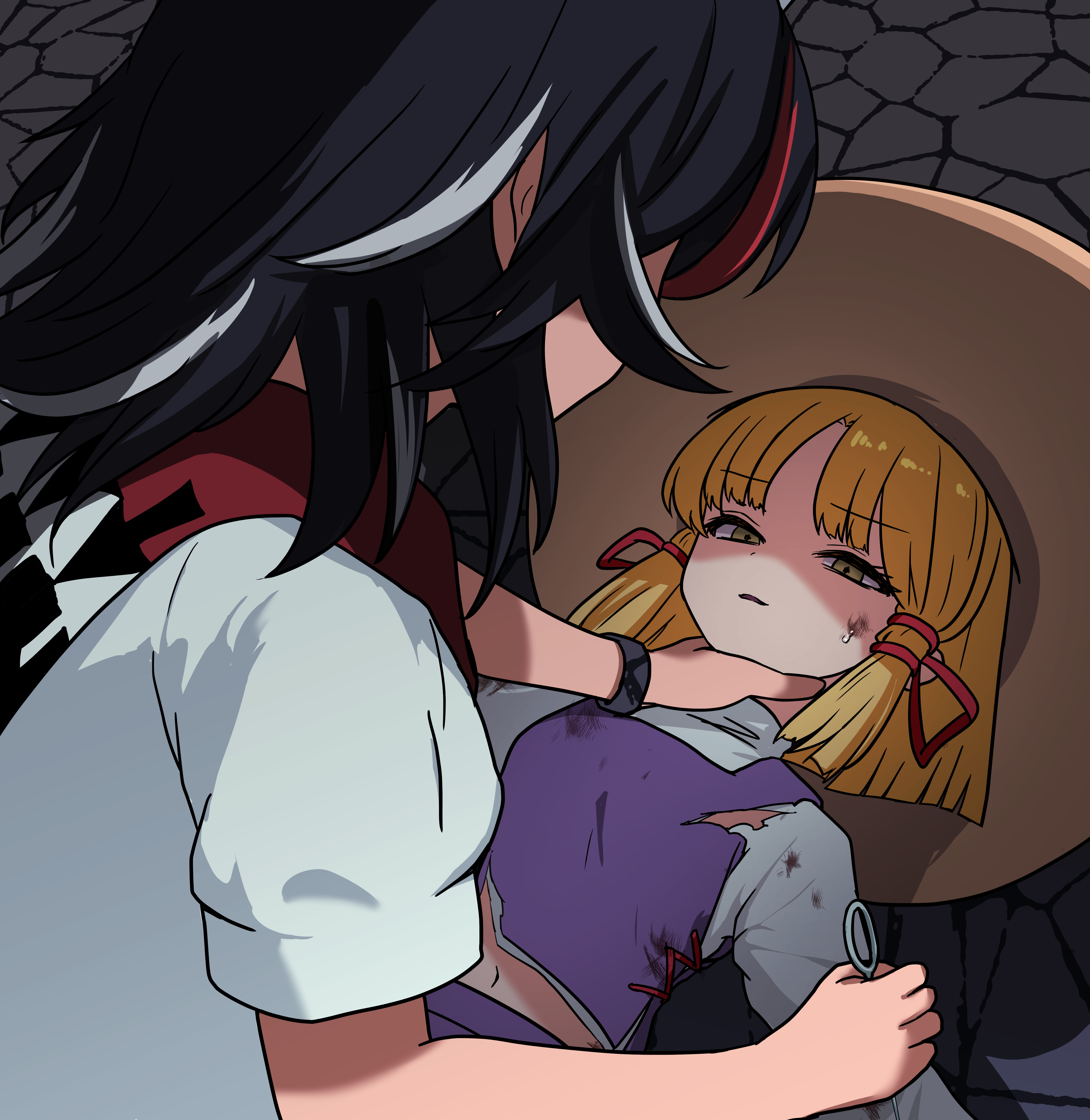 asphyxiation, damsel in distress, defeated, female, hands on another's neck, monadmandara, ryona, seija kijin, suwako moriya, torn clothes, touhou, yuri